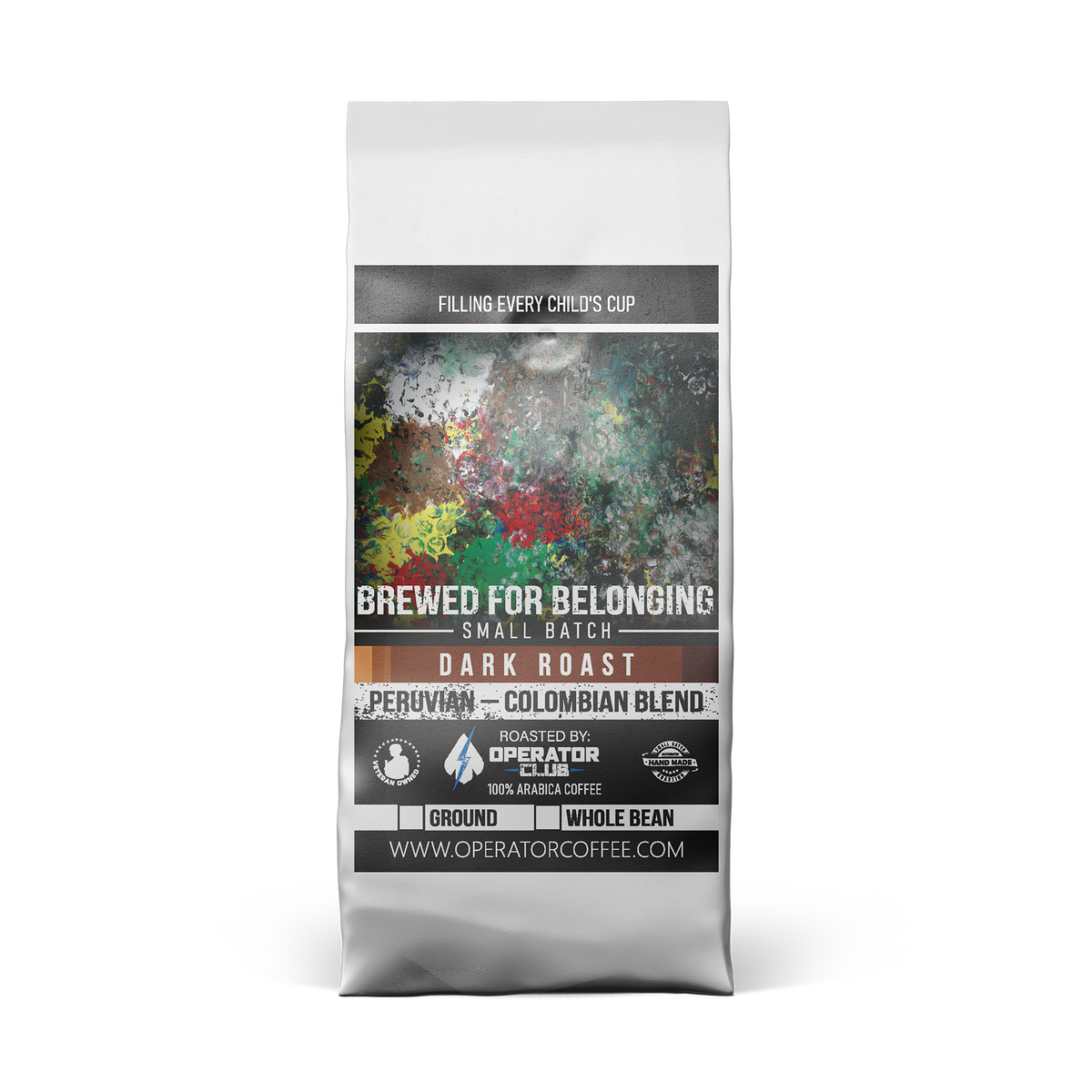 Brewed for Belonging dark roast coffee bag front view — Operator Coffee