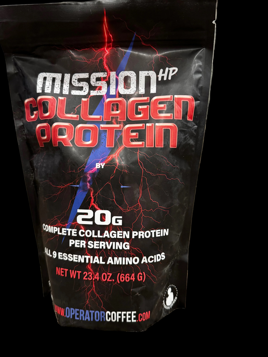 Operator Coffee Mission HP Complete Collagen Protein front of pouch, 20g complete collagen protein, all 9 essential amino acids, 30 servings