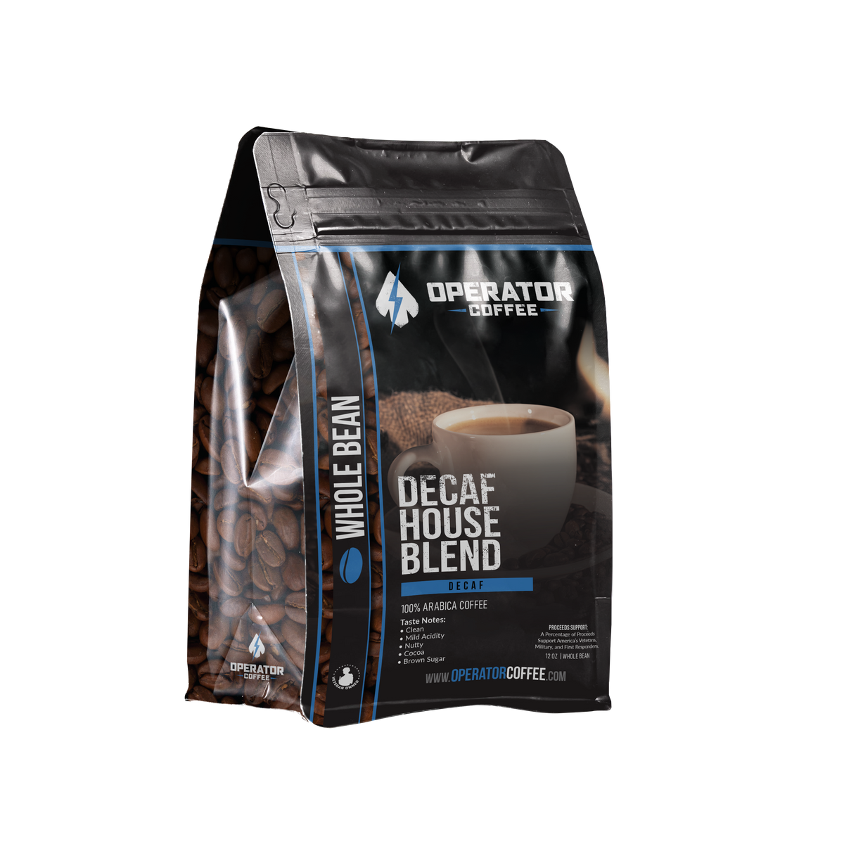 decaffeinated House Blend ground coffee bag alternate view — Operator Coffee