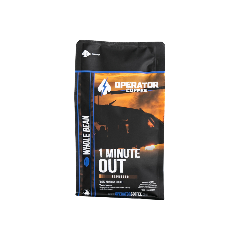 1 Minute Out Espresso dark roast whole bean coffee bag front view — Operator Coffee