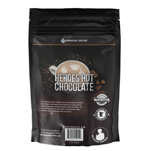 Operator Coffee Heroes Hot Chocolate back label, small batch hand made roasting, roasted in Minnesota, veteran owned, 12 oz cocoa
