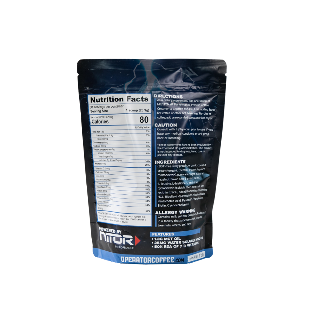 Mission HP hazelnut protein coffee creamer pouch back view — Operator Coffee