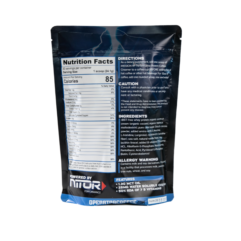 Mission HP mocha protein coffee creamer pouch back view — Operator Coffee