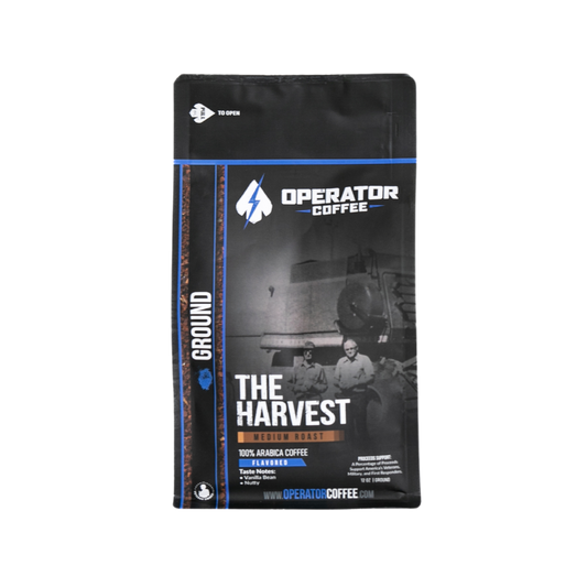 Operator Coffee The Harvest medium roast ground coffee 12 oz bag front label