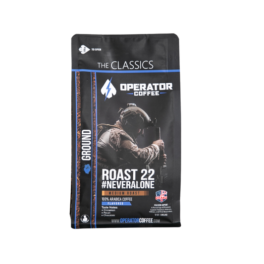 Operator Coffee Roast 22 #NeverAlone medium roast ground coffee 12 oz bag front label