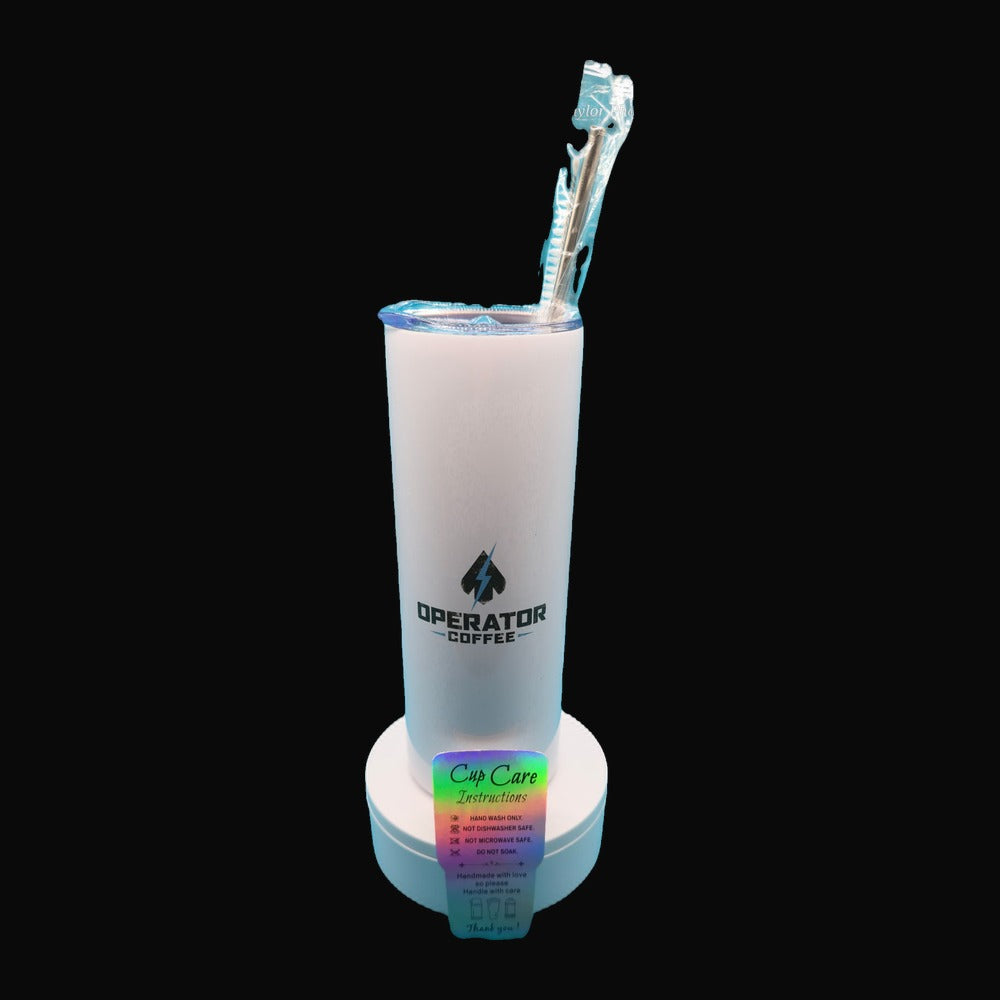 20 oz white insulated stainless steel Operator Coffee tumbler front view — Operator Coffee