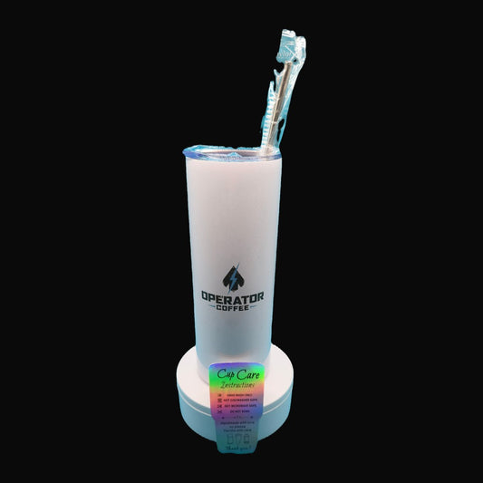 20 oz white insulated stainless steel Operator Coffee tumbler front view — Operator Coffee