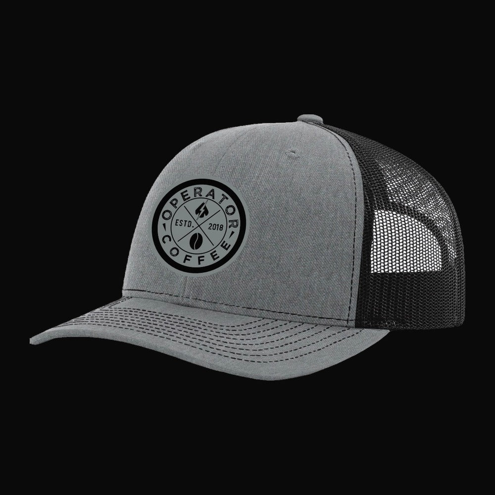 Operator Coffee Circle trucker hat front view — Operator Coffee