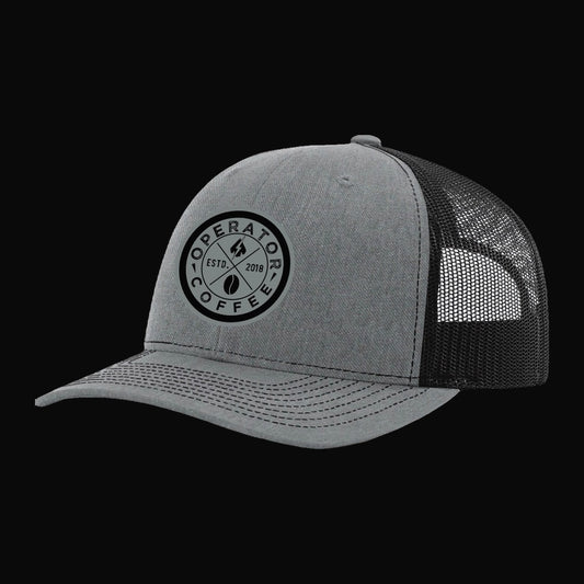 Operator Coffee Circle trucker hat front view — Operator Coffee