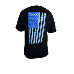 American Flag graphic that has blue lightening bolts instead of red lines on Operator Coffee's Bolt Flag Tee
