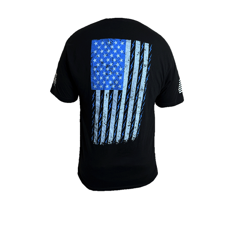 American Flag graphic that has blue lightening bolts instead of red lines on Operator Coffee's Bolt Flag Tee