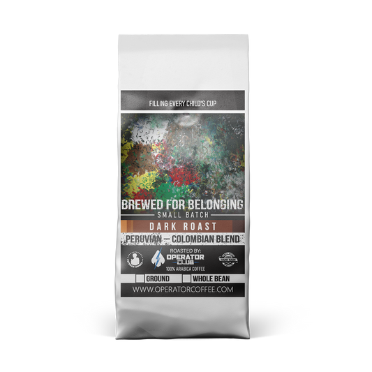 Brewed for Belonging dark roast coffee bag front view — Operator Coffee