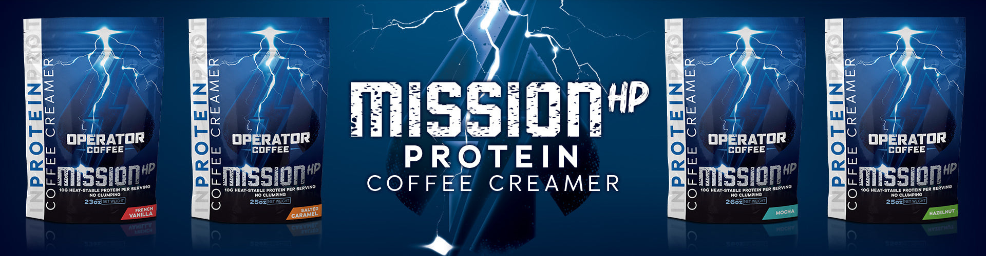Promotional banner with four bags of protein creamer and Operator Coffee Logo. 