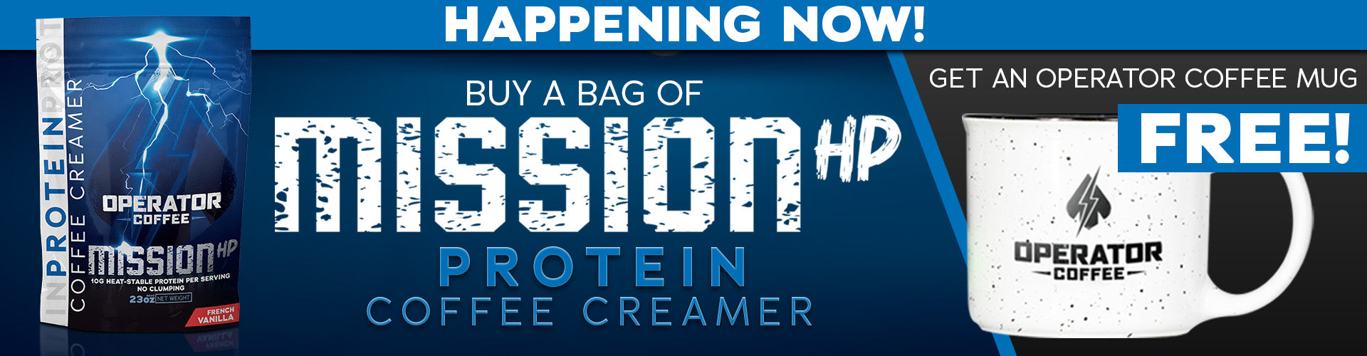 Promotional banner promoting a free white mug with purchase of Operator Coffee Protein Creamer 