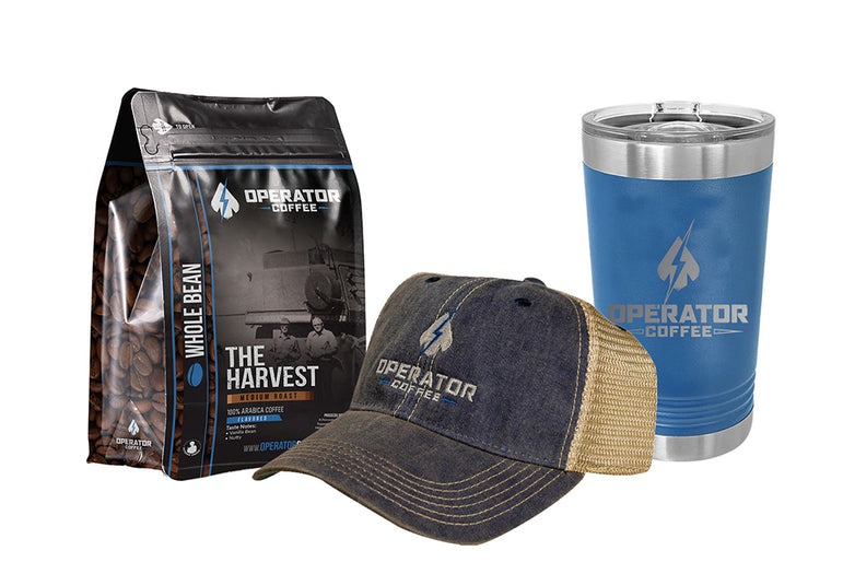 whole bean harvest coffee with legacy hat and blue tumbler 