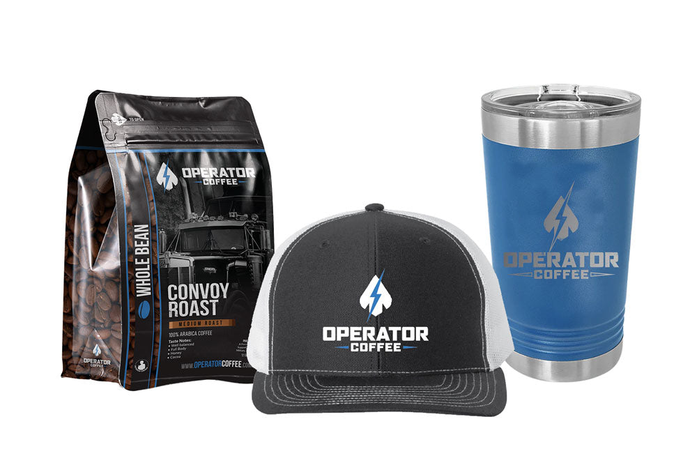 bundle of whole bean coffee with hat and blue tumbler 