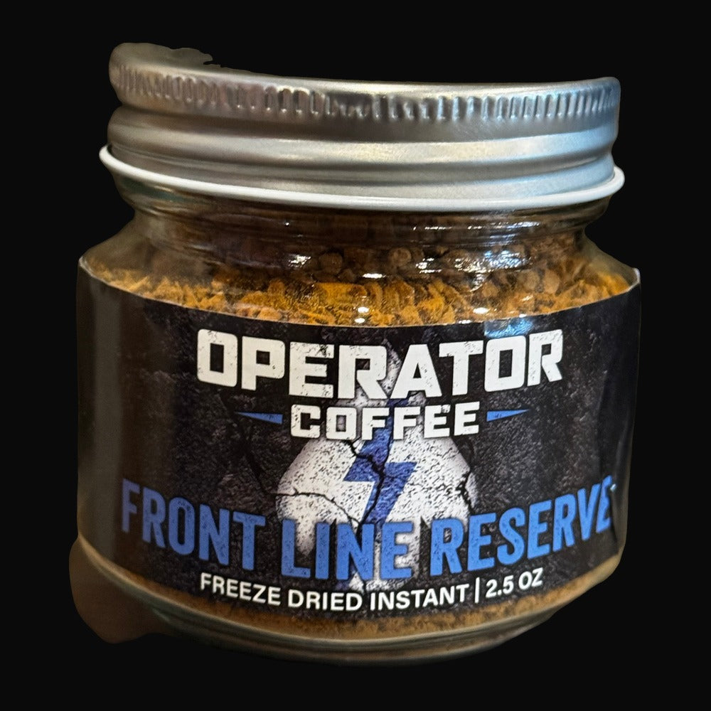 Front Line Reserve Colombian freeze-dried instant coffee jar front view — Operator Coffee