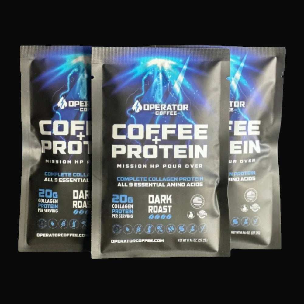 Mission HP dark roast Sumatran protein pour-over coffee 3-pack front view — Operator Coffee
