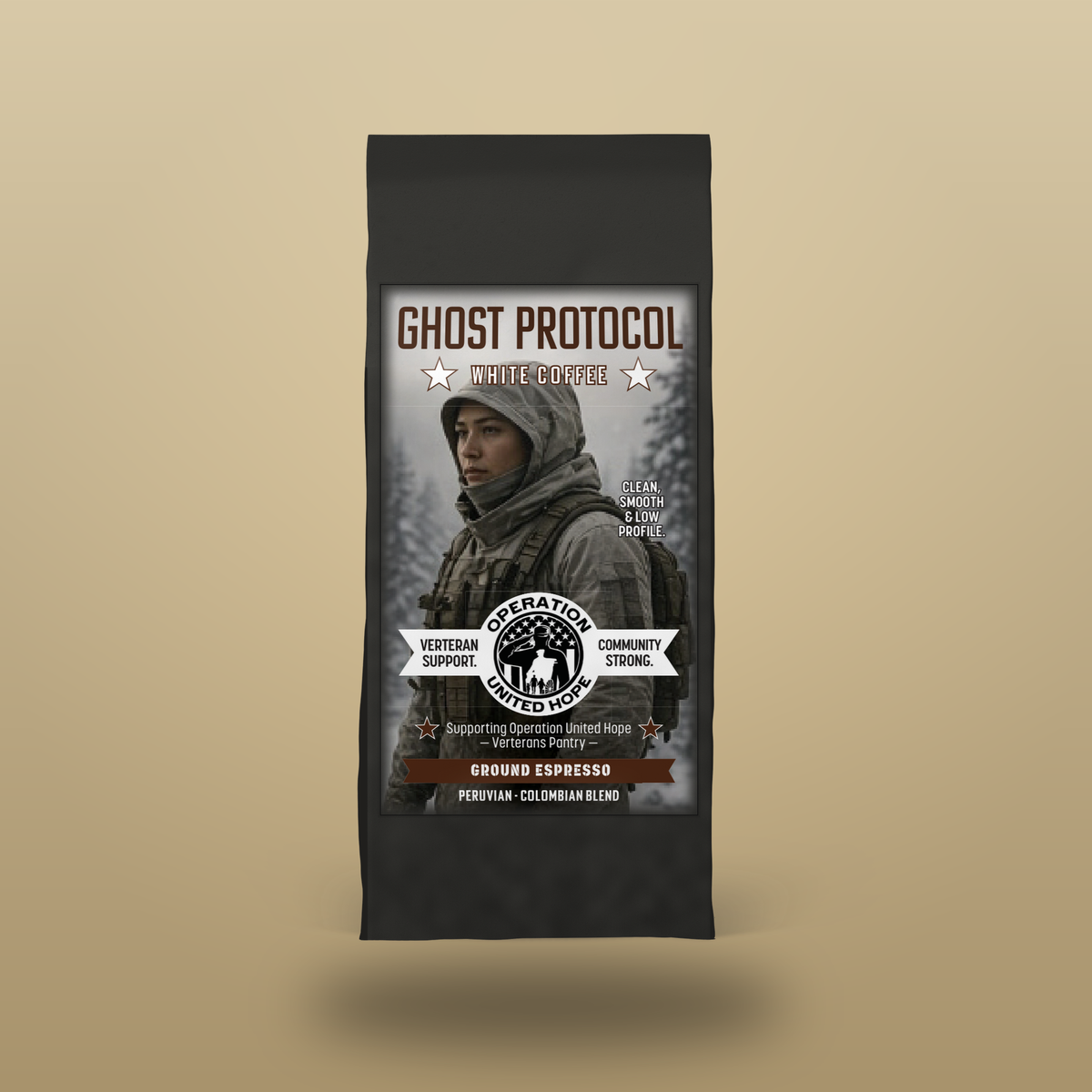 Ghost Protocol white coffee charcoal bag — Operation United Hope