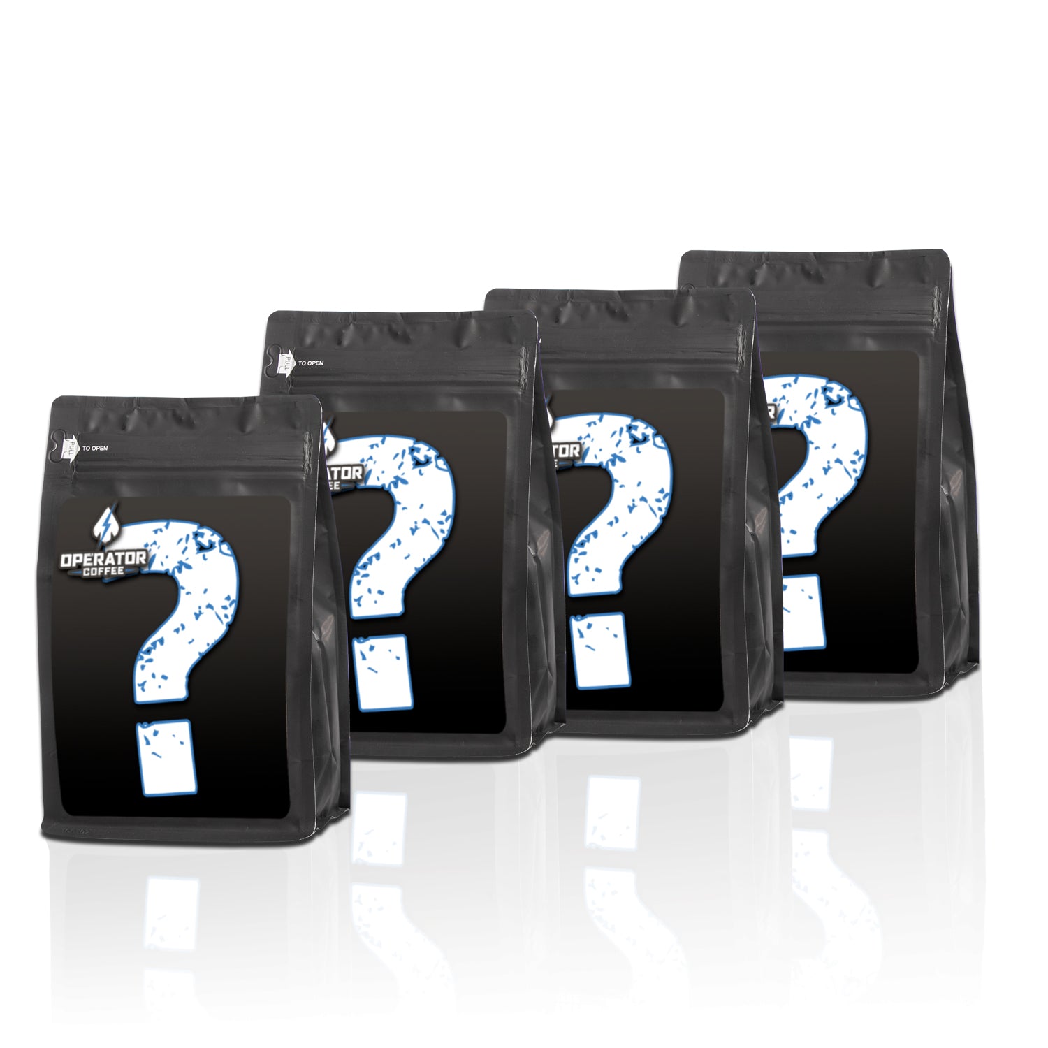 Four blank black 12 ounce coffee bags with question mark on the front of each bag. 
