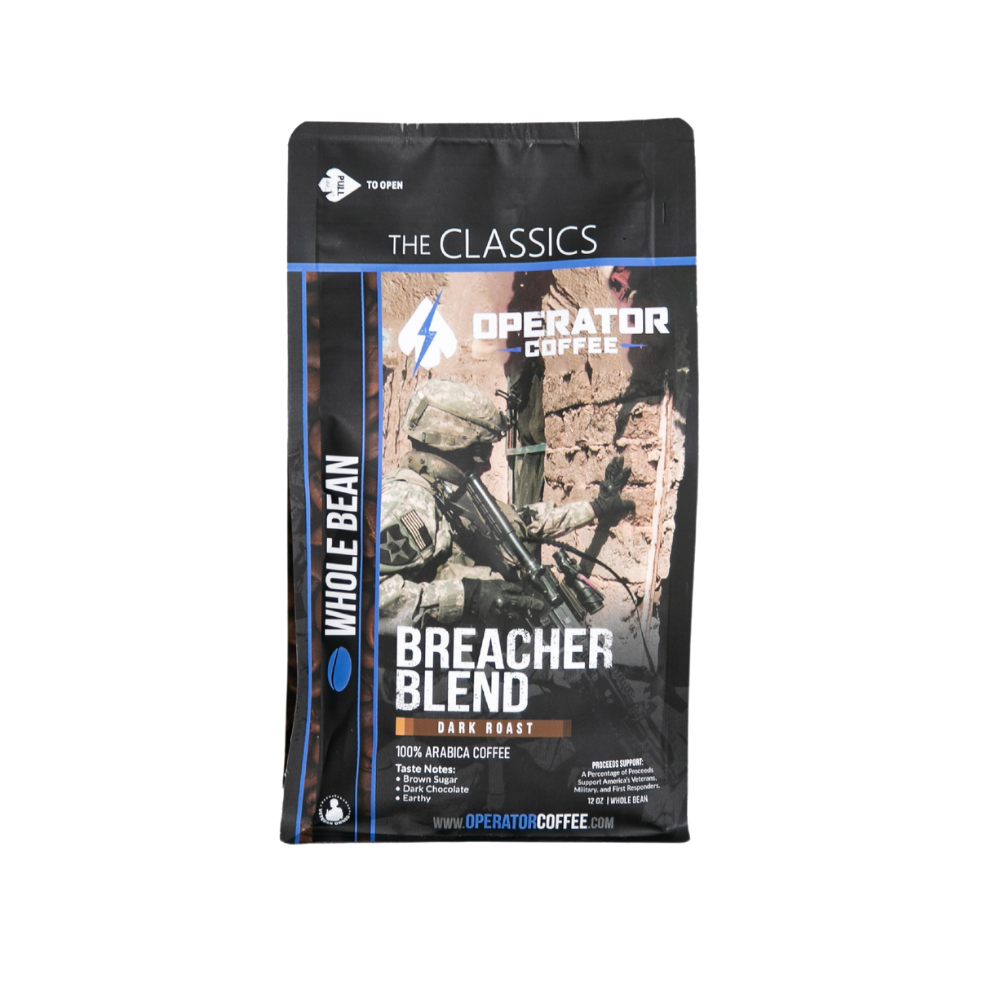 Breacher Blend dark roast coffee bag front view — Operator Coffee