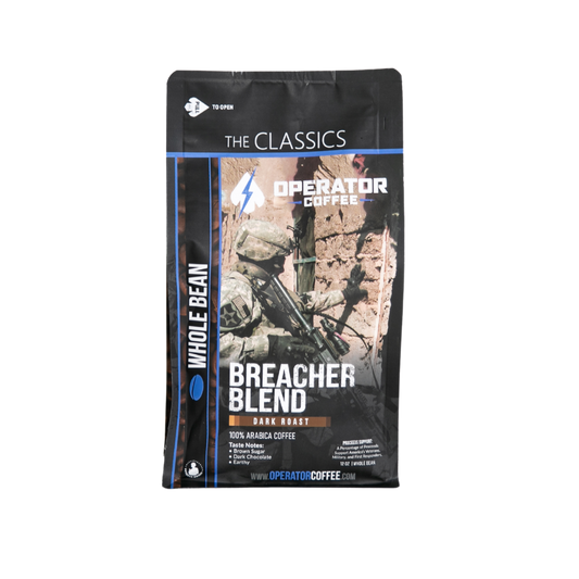 Breacher Blend dark roast coffee bag front view — Operator Coffee