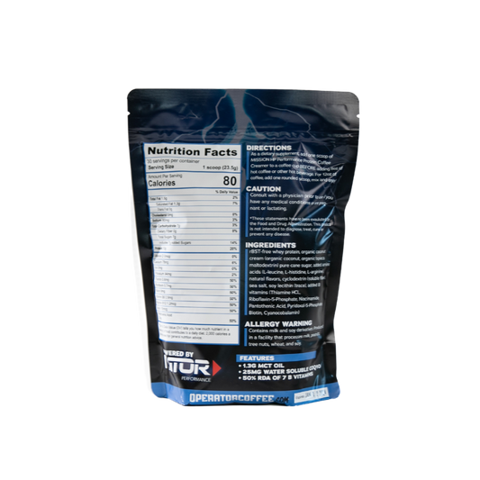 Operator Coffee Mission HP Protein Coffee Creamer Salted Caramel back nutrition panel, 80 calories, 30 servings, MCT oil, CoQ10, 7 B vitamins