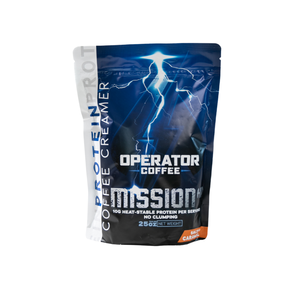 Mission HP salted caramel protein coffee creamer pouch front view — Operator Coffee