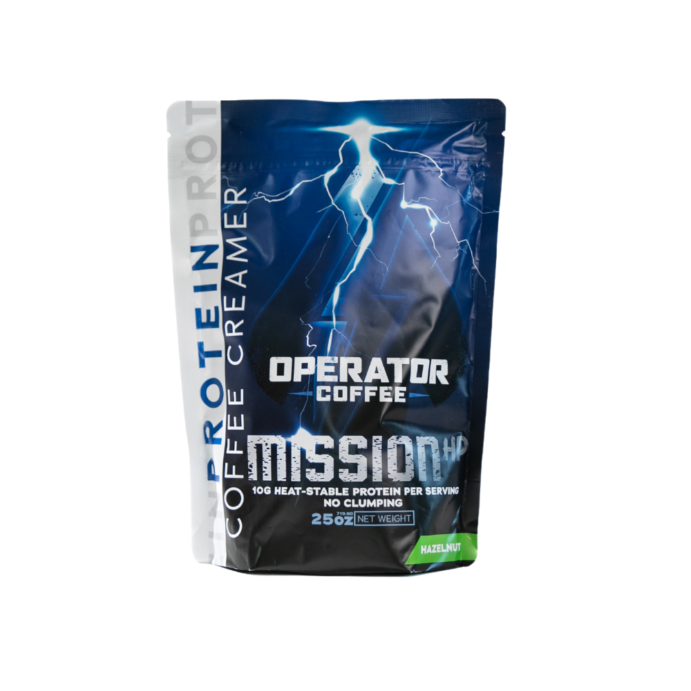 Mission HP hazelnut protein coffee creamer pouch front view — Operator Coffee