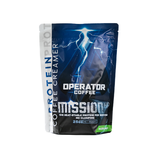 Mission HP hazelnut protein coffee creamer pouch front view — Operator Coffee