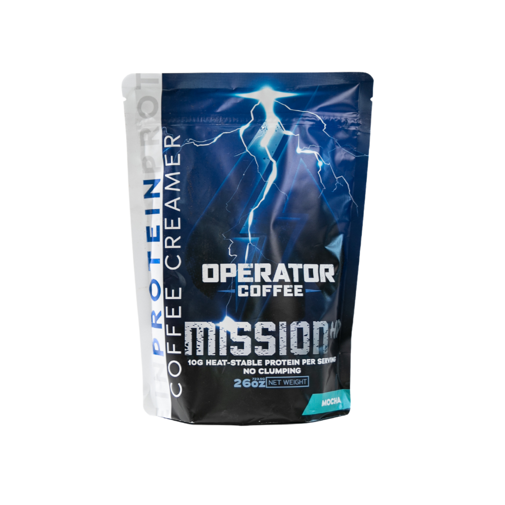 Mission HP mocha protein coffee creamer pouch front view — Operator Coffee