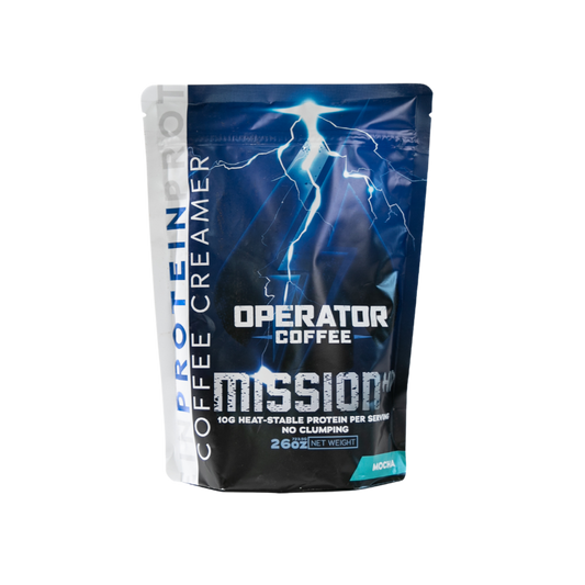 Mission HP mocha protein coffee creamer pouch front view — Operator Coffee