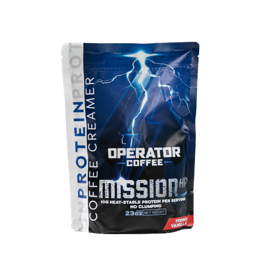 Mission HP French vanilla protein coffee creamer pouch front view — Operator Coffee