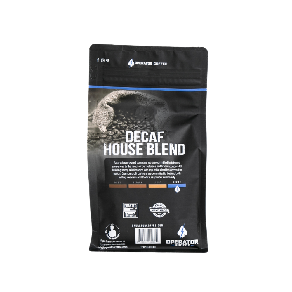 decaffeinated House Blend ground coffee bag back view — Operator Coffee