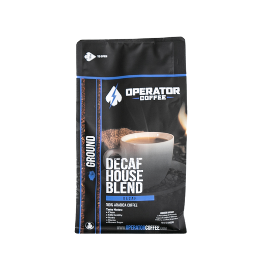 decaffeinated House Blend ground coffee bag front view — Operator Coffee