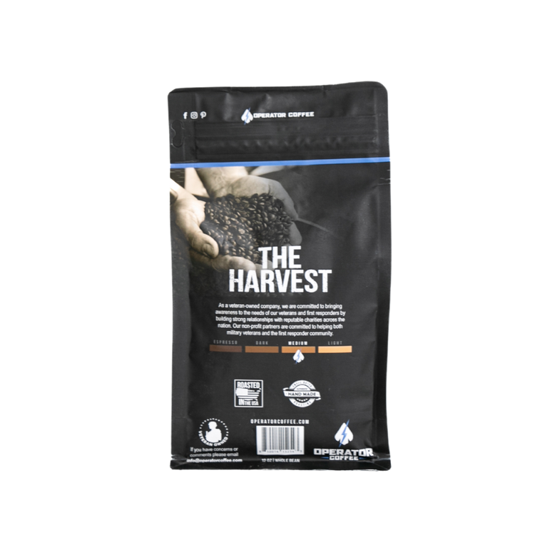 back label the harvest roast operator coffee 