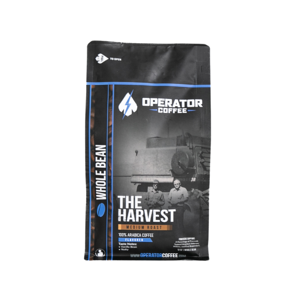 The Harvest vanilla hazelnut medium roast coffee bag front view — Operator Coffee