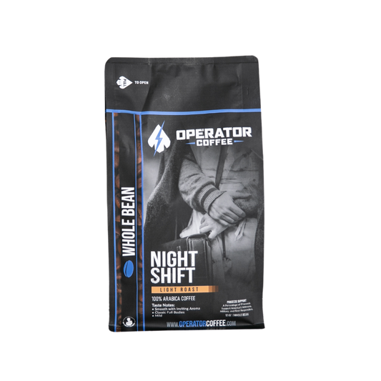 Night Shift light roast coffee bag front view — Operator Coffee