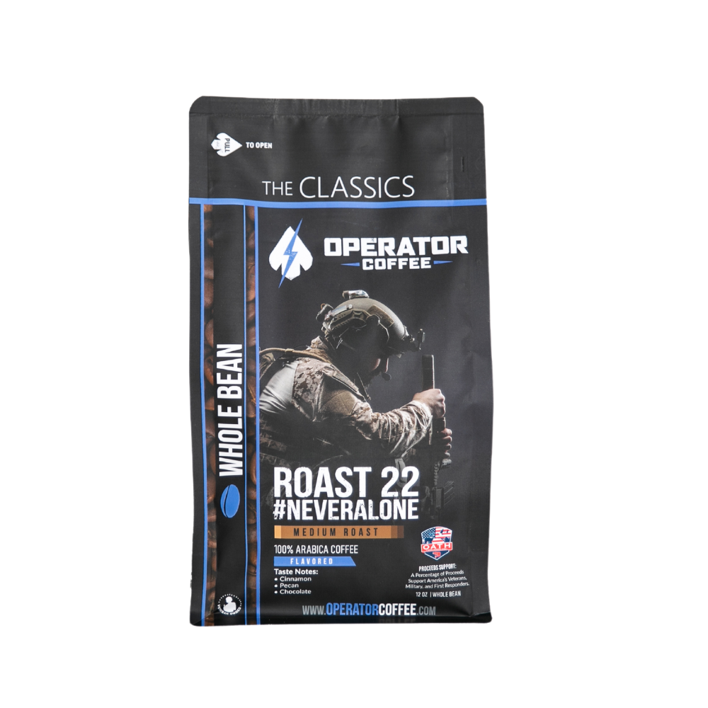 Roast 22 #NeverAlone medium roast coffee bag front view — Operator Coffee