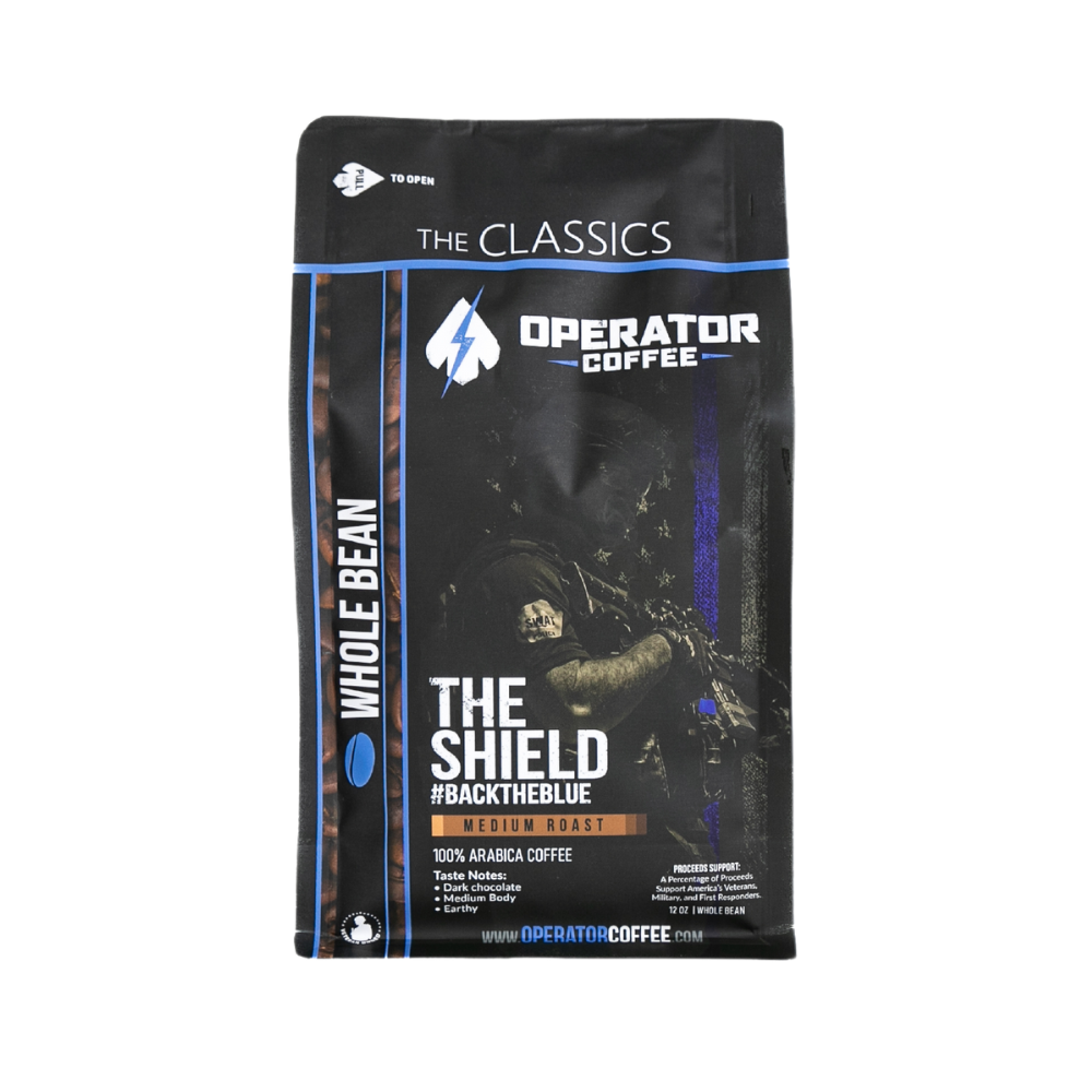 The Shield Guatemalan medium roast coffee bag front view — Operator Coffee