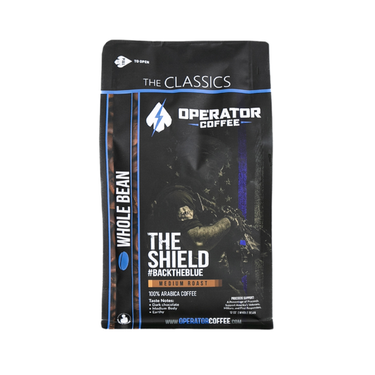 The Shield Guatemalan medium roast coffee bag front view — Operator Coffee